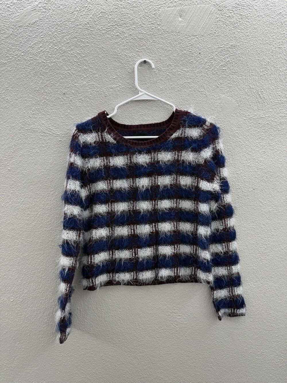 Joe Boxer Womens Sweater Size Small Blue Maroon Long Sleeve Plaid Fuzzy